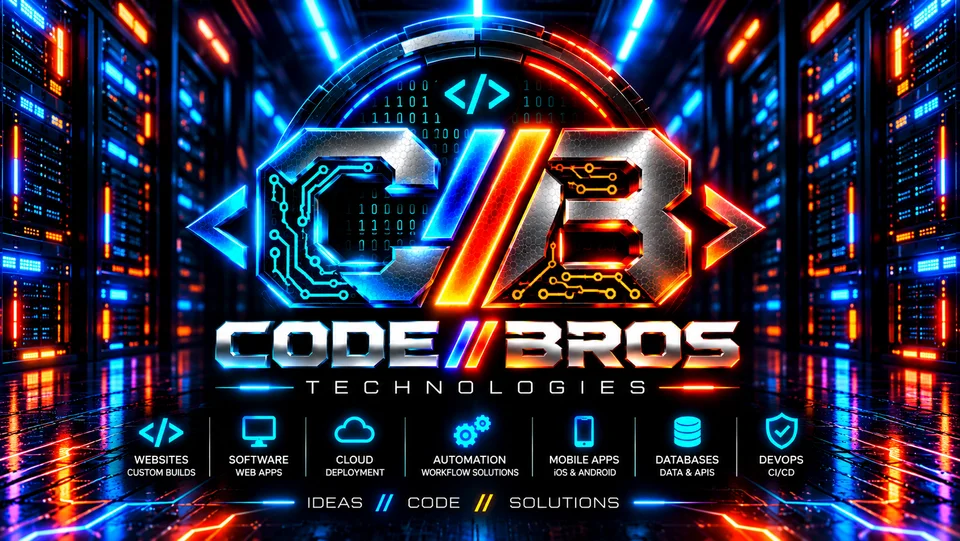 Code Bros Technologies emblem in a cyan and orange server room, representing websites, software, cloud, automation, mobile apps, databases, and DevOps.
